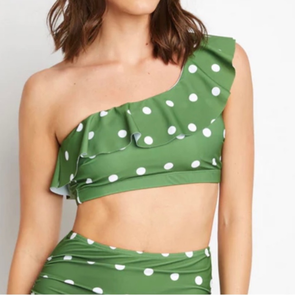NWT Marina West Asymmetric One Shoulder Ruffled Olive/White Dots Swim Top Sz XXL